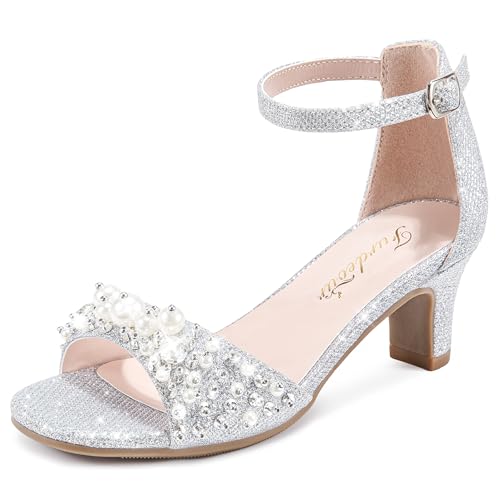 Furdeour Kids High Heels Dress Shoes Princess Silver Sandals Big Girls Flower Girl Shoe Size 3 Birthday Zapatos Para Nias Wedding Teen Daughter Sparkly 11 Year Pearl Formal Pageant (F2910 Silver 3)