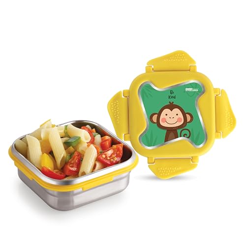 Image of STEELLOCK Smart Kids Stainless Steel Lunch Box, Leakproof & Airtight Tiffin Box for School Boys & Girls, BPA Free Food Grade with 4-Side Clip Lock | 360 ML | Yellow, 3D /UV Print Monkey