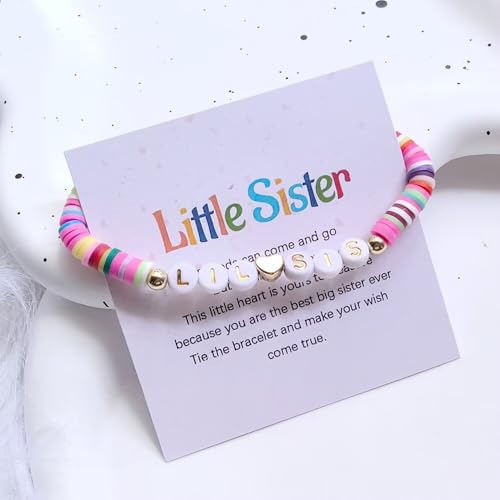 Image of Big Sister Gifts For Little, Pastel Rainbow Heart Rainbow Ball Big Little Sister Bracelet Announcement, Birthday Jewelry