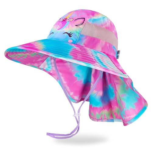 MHJY Sonnenhut Kinder Sonnenmütze Mädchen Hut Sommer UV Schutz 50 Mützen Einhorn Anglerhut Breite Krempe Kappe mit Nackenklappe Kleinkind 2-9 Jahre