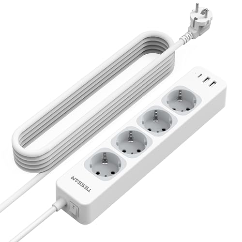 TESSAN 4 Fach Mehrfachsteckdose mit Verlängerungskabel 5M, Steckdosenleiste mit 1 USB C und 2 USB A, Mehrfachstecker mit Schalter, 2500W Verteilersteckdose Steckerleiste, Grau 5 m Cable 4 St