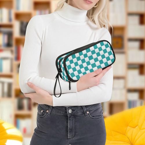 Image of Wfrish Blue Checkerboard Pencil Case Football Pencil Pouch Big Capacity 3 Compartments Back to School Supplies for Teen Girl Boy Pouch Pen Bag Large Storage Organizer with Zipper Handle for Men Women