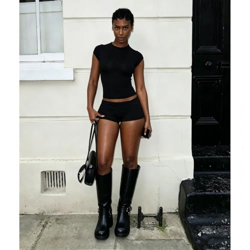 Image of Women's Knee High Riding Boots Chunky Heel Wide Calf Motorcycle Boots with Side Zipper