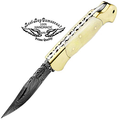 Damascus Steel Knife - 7.5" Camel Bone Knife Handel - Handmade Custom Knife - Pocket Folding Knife - Damascus Pocket knife - Pocket Knife for Men - Knives - Good For Camping Hunting Indoor & Outdoors Activities Knife - Damascus knife - Hunting & Fishing - - Thumbnail 4