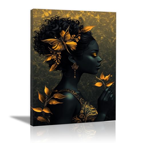 QUSAAOU Decoracion Mariposa dorada detalles foliares retrato detallado Para Dormitorios Cuadro Decorativos Lienzos Decorativo Canvas Wall Art Decoracion Modernos Mujer- Retrato -70x100cm1 Enmarcado