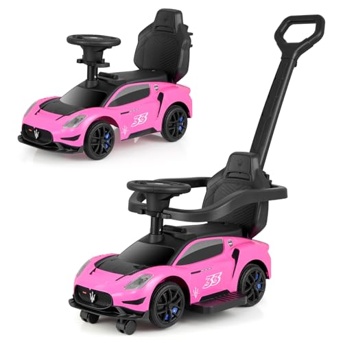 OLAKIDS 3 in 1 Ride on Push Car, Licensed Maserati Baby Sliding with Removable Parent Control Handle, Universal Wheels, Safe Guardrails, Toddlers Walking Toy with Music, Under Seat Storage (Pink)
