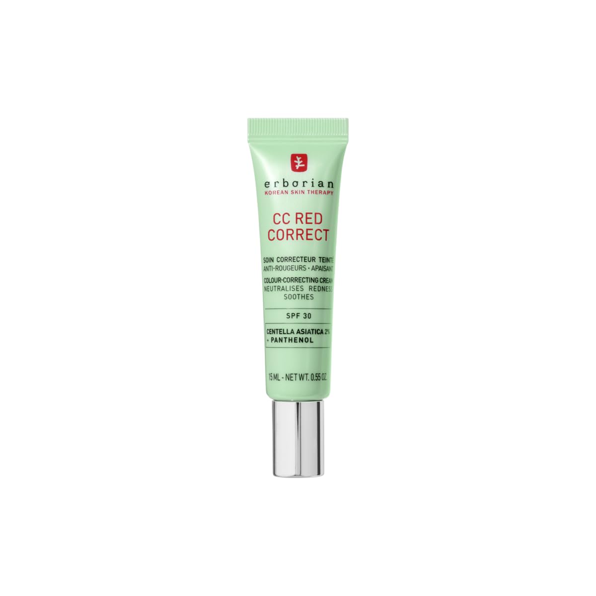 Erborian - CC Red Correct - Anti Redness Tinted Face Cream with Centella Asiatica Panthenol and Bisabolol - Green Neutralizing Shade with SPF 30 - Light Coverage - 15ml - Korean Cosmetic