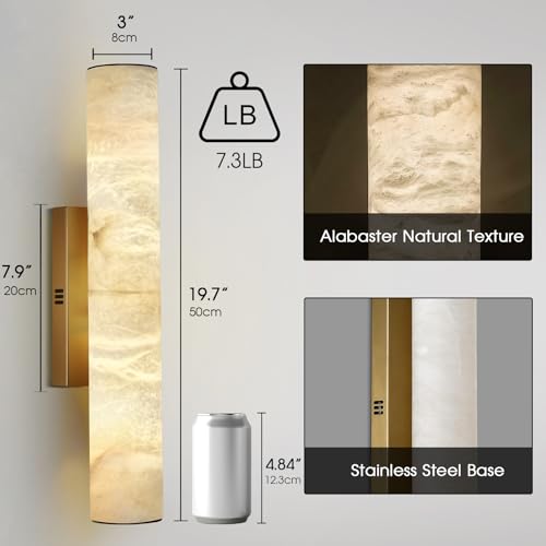 Image of 20 inch Alabaster Wall Sconce Hardwired, Spanish Natural Marble Sconces, Brass Bathroom Vanity Light, Dimmable Stone Wall Sconces Warm White, Linear Gold Alabaster Wall Light for Living Room Hallway, 1PC