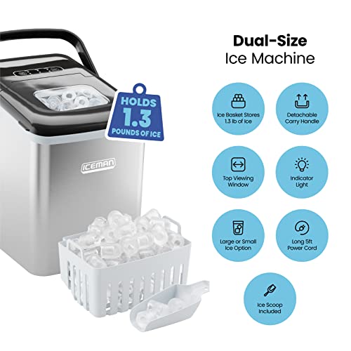 Iceman Dual-Size Countertop Ice Maker Machine, Portable, Creates 2 Cube Sizes in 6 Mins, Holds 1.3 lb. of Ice, Makes up to 26 lb in 24 Hours, Self-Cleaning Scoop Included, Stainless-Steel