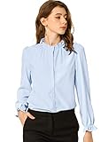 Allegra K Damen Langarm Oberteil Stehkragen Rüschenhals Puffärmel Büro Button Chiffon Shirt Bluse Hellblau S