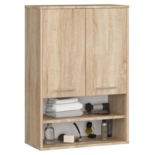 AKORD Badezimmer-Hängeschrank FIN 64 cm 2 Türen 2 Regalböden 2 offene Fächer B64xH94xT30 cm - mit Ablagen - Badschrank, Wandmontiert Gewicht 8,10kg Eiche Sonoma & Eiche Sonoma