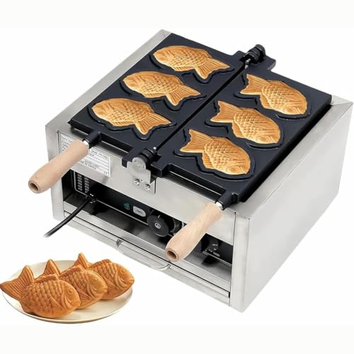 Máquina japonesa de taiyaki, wafflera de acero inoxidable con 6 ranuras en forma de pescado con placa de cocción antiadherente, temperatura ajustable de 50.0 a 300.0 °C para el hogar y restaurantes
