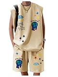 VIPWOLF Men's 2 Piece Tracksuit Set Graphic Crew Neck Sleeveless Shirts and Drawstring Waist Track Shorts Apricot Medium