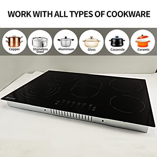 Weceleh Electric Cooktop 30 Inch 5 Burners, 30 Inch Electric Cooktop 5 Burner, Electric Stove Top 30 Inch, 30 Electric Cooktop Ceramic, Drop Built-In, Black, 220-240V, Glass, 8500W #TOP4