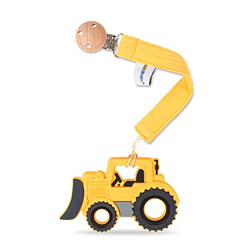 Image of AmazingM Baby Food Grade Silicone Car Teether Toy with Pacifier Clip Holder,Teething Pain Relief Toys Gift Set for 3 Months+ Boys and Girls,Freezer Safe,BPA Free (Bulldozer, Yellow)
