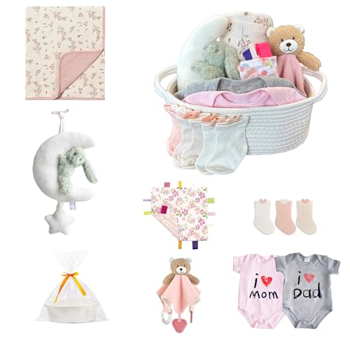 Image of CREVENT Gift Set for Girls Boys -Diaper Caddy Organizer Basket with 1 Blanket, 1 Taggie, 1 Lovey, 3 Socks,2 Baby Bodysuits, 1 Crib Mobile, 1 Gift Bag - Newborn Essential