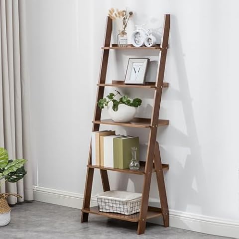 Maydear Bamboo Ladder Shelf Bookcase, 5-Tier Leaning Bookshelf Free Standing Organizer Storage Shelves Cover