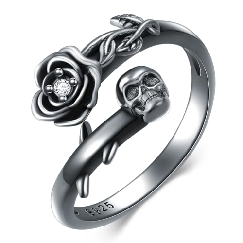 Shusukue Bague chauve-souris réglable Halloween / tête de mort roses en argent 925 - Bijoux d'Halloween - Cadeau pour femmes et filles, Einstellbar, Argent...