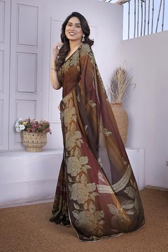 Image of MIRCHI FASHION Saree for Woman Chiffon Foil Work Floral Printed | Ethnic Sari for Function and Farewell with Unstitched Blouse Piece (Available in 15 Colors)