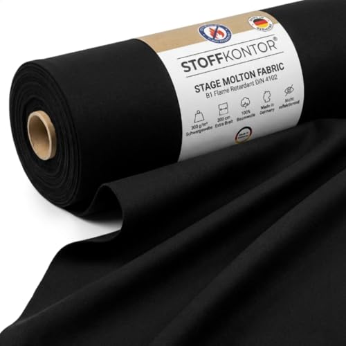 STOFFKONTOR Bühnen Molton Stoff B1 schwer entflammbar - 300 cm Meterware, schwarz - für Wandverkleidungen, Eventbereich, Vorhänge, Messebau,...