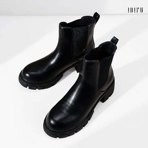 IDIFU IN2 Chelsea Boots Women Ankle Boots for Women Platform Low Heel Short Chunky Lug Sole Block Round Toe Boots Fall Dress Comfortable Fashion Booties for Women Elastic Heeled Boots4