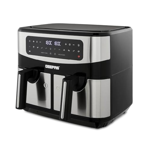 Geepas Dual Zone Air Fryer - 9L XL Capacity, 2 Drawers, 10-In-1 Cooking Presets, Touch Screen, Smart Finish, Timer Function, Dishwasher-Safe, Healthy Oil Free Cooking (Renewed)