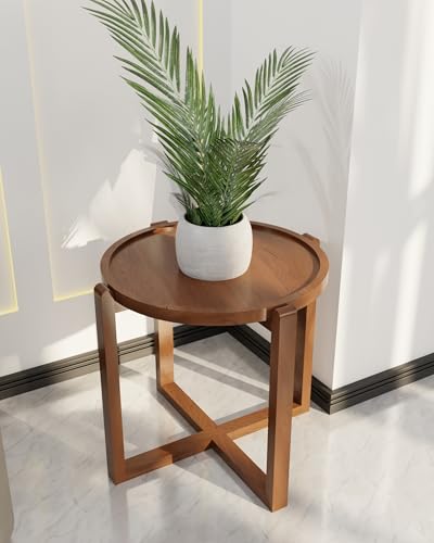 Image of Patio Folding Coffee Table Walnut Finished, Balcony and Garden Table Bistro Side Table, Outdoor Wooden Round Portable End Table Picnic Table for Camping & Dining