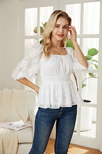 Black Peplum Tops Plus Size Smocked Top Ruffle Puff Sleeve Square Neck Babydoll Shirts Chiffon Blouses White 2Xl #TOP1