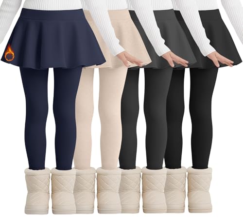 LessonZoo 4 Pack Girls Fleece School Uniform Pants Leggings with Ruffle Skirt Kids Thermal Footless Stretch Pants 5-14 Years(Navy Blue, Light Apricot, Dark Heather Gray, Black,11-12 Years) by LessonZoo - Used condition - US$9.69