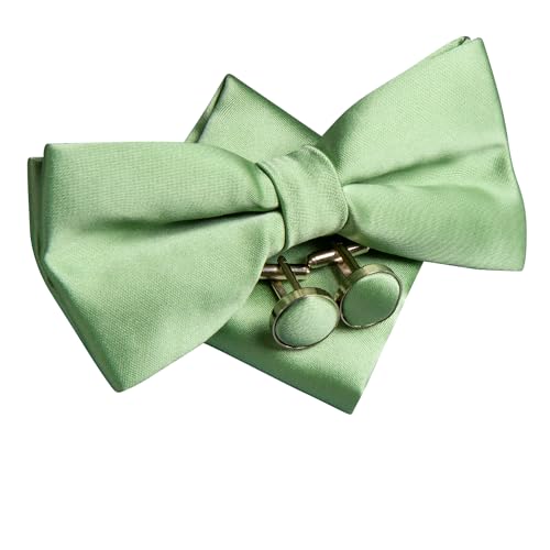 Image of Hi-Tie Pretied Bow Ties for Men Wedding Formal Bow Tie Handkerchief Cufflinks Lapel Pin Set Party Formal Mens Bowtie Set, Light Green Solid, Medium