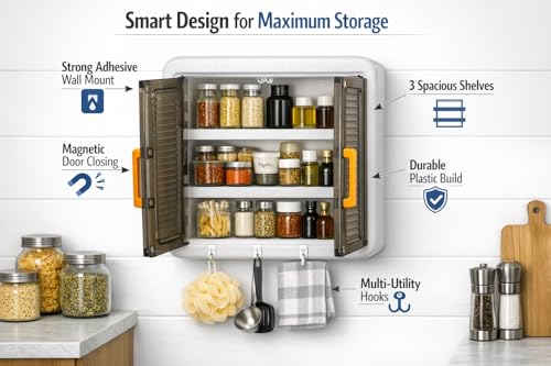 Image of Wall Mounted Self Adhesive Kitchen Storage Cabinet with Magnetic Closure Doors & Hooks | 3 Shelf Plastic Organizer Rack | Multipurpose Spice Rack for Kitchen & Bathroom | White with Brown Doors