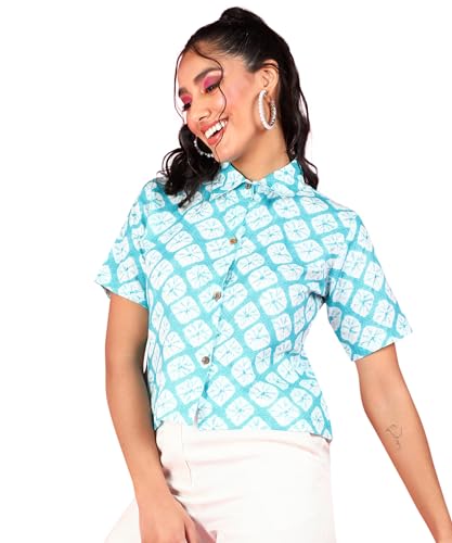 Image of POPWINGS Ethnic Printed Cotton Half Sleeves Regular Fit Crop Shirts for Women Stylish Western Casual Wear