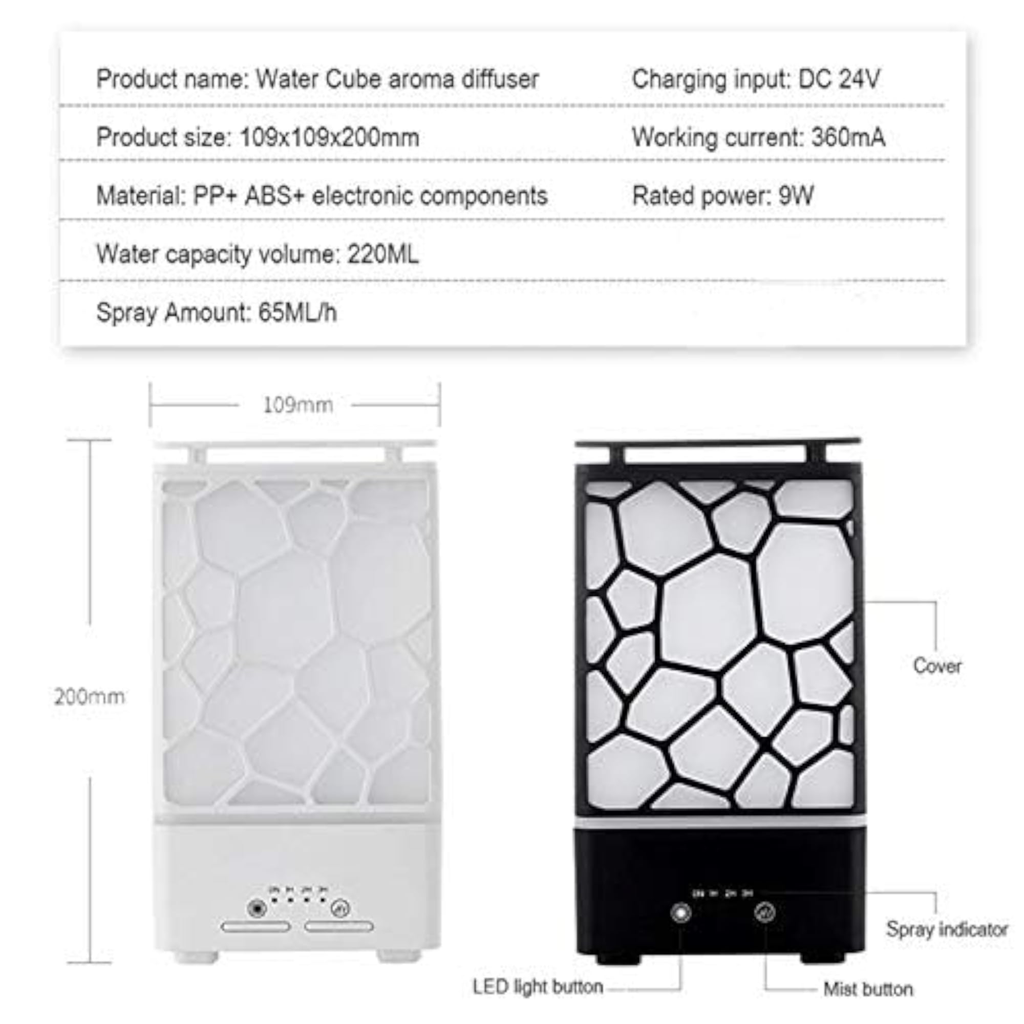 Essential Diffuser Water Cube with LED Night Light