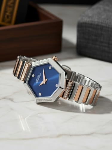 Image of French Connection Mop Blue Hexagonal Dial with Rose Two Tone Stainless Steel Strap Watch for Womens - FCN0139RTM