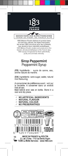 Image of 1883 Peppermint Syrup with Pump - Premium Flavoring Syrup for Coffee, Lattes, Hot Chocolate, Cocktails & Holiday Drinks - 1L (33.8 fl oz) Bottle
