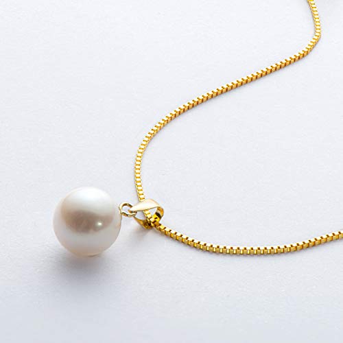 18K Gold Freshwater Cultured White Pearl June Birthstone Necklace 9-10Mm Single Pearl Pendant With Sterling Silver Chain, Pearl Jewelry Gifts For Women Mom Girlfriend - Yellow Gold #TOP1