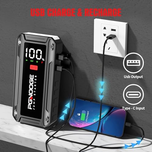 PGNOOGE 26800 mAh 6000 A Urządzenia Rozruchowe Wspomagające Akumulatory Samochodowe (do ALL benziny / 10 l oleju napędowego), Uruchamiania z Mocą i Wyjściem USB, Duży Wyświetlacz LCD