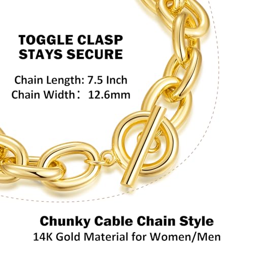 14K Chunky Chain Gold Plated Bracelets for Women, 7.5 Inch Cuban Link Rope Design with Toggle, Non-Tarnish Waterproof Jewelry Gift for Her4