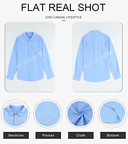 Renaowin Mens Shirts Long Sleeve Linen Cotton Casual Button Down Dress Shirts With Front Pocket Us 40(M) Sky Blue #TOP3