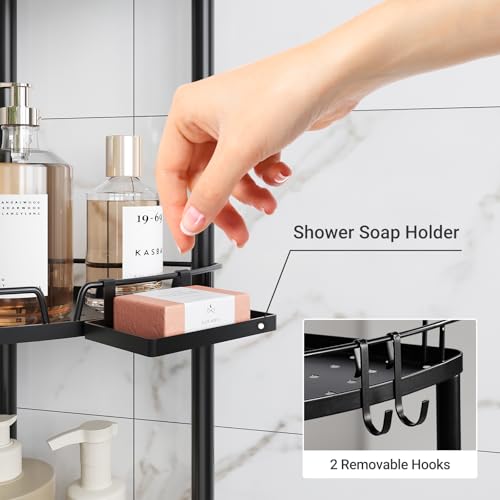 ELYKEN Corner Shower Caddy Standing, 3 Tier Rustproof Metal Shower Organizer with Soap Holder, Floor Shower Corner Shelf Rack Storage Stands with Adjustable Feet & 2 Hooks for Bathroom, Black