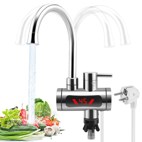 Chauffe-eau instantané - Robinet en acier inoxydable - 3300 W - Robinet de cuisine électrique sans réservoir - Avec affichage de la température LCD - Robinet en acier inoxydable pour cuisine (B)