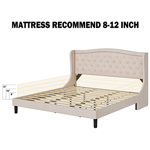 Hostack Full Size Bed Frame, Modern Upholstered Platform Bed With Wingback Headboard, Heavy Duty Button Tufted Bed Frame With Wood Slat Support, Easy Assembly, No Box Spring Needed(Beige, Full) #TOP6