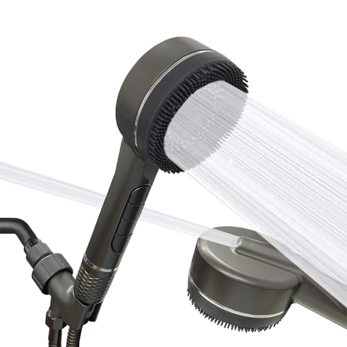 KAYOJU High Pressure Shower Head, One-Hand Control 4-Mode Handheld Showerhead with Filter for Hard Water, Built-in Power Wash for Pet/Bath Clean, with Hose & Bracket (Gray)