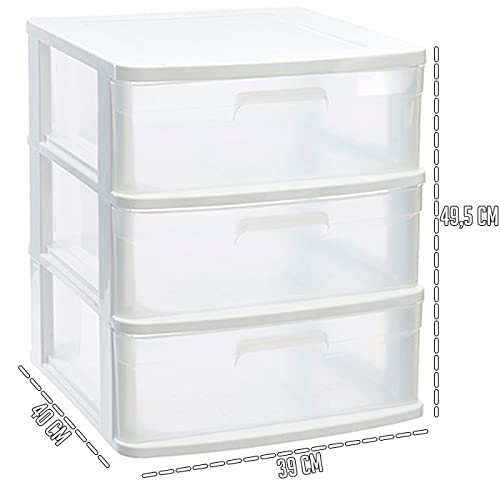 Acan Tradineur - Cajonera sena 3 cajones, plástico blanco, 40 x 39 x 49,5 cm, torre de almacenaje, cajones opacos, organizador auxiliar multiusos, almacenamiento, dormitorio, baño, oficina - imagen 3