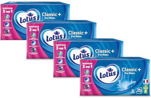 Lotus Mouchoirs Classic+ Pur Blanc 320 Mouchoirs blanc en boîte (Lot de 4 Boîtes x 80 Mouchoirs) 3 épaisseurs pour plus de confort - Offre Spéciale