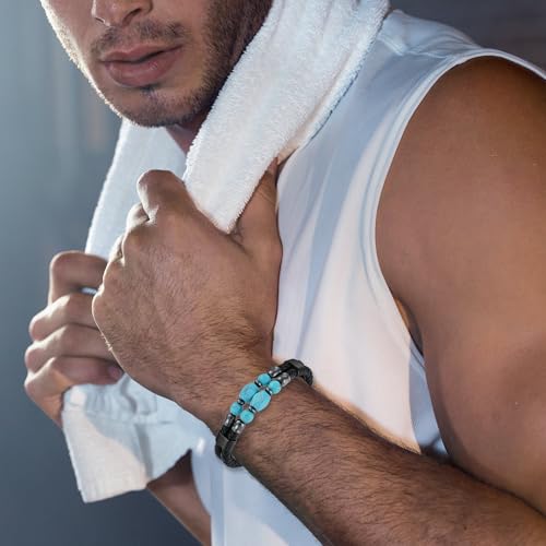 Turquoise/Tiger Eye/Lapis Lazuli/Black Onyx/Obsidian Leather Cuff Bracelet Protection Healing Stone Jewelry for Men, 8.27in/21cm2