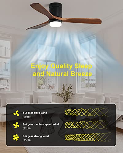 Rela Mall 52" Low Profile Ceiling Fan With Light Remote Control, 6-Speed Ceiling Fan, Minimalist Retro Style, Timing Ceiling Fan For Indoor/Bedroom/Kitchen, Walnut Blade + Black Body #TOP5