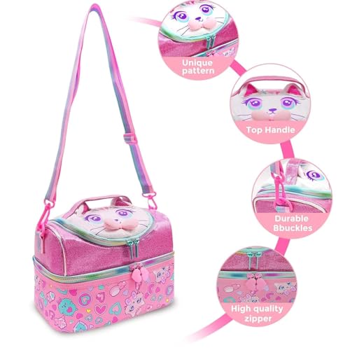 Image of Kids Double Decker Cooler Insulated Lunch Bag Large Tote for Boys, Girls, Men, Women, with Adjustable Strap (DBL-BAG-KITTY-01)
