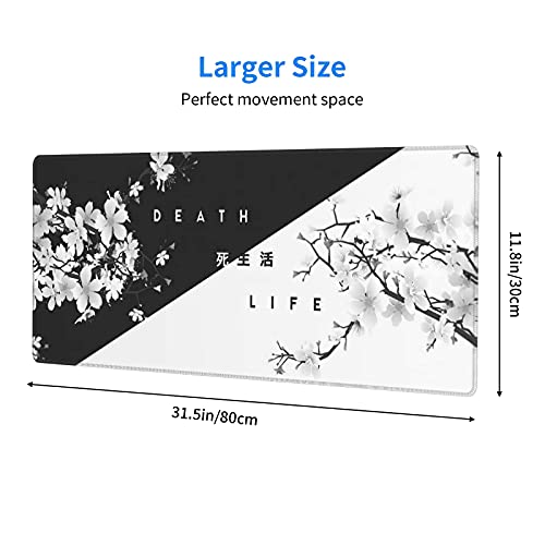 Image of Black White Cherry Blossom Mouse Pad Japanese Sakura Death Life Extended Desk Mat 80X30 cm Non-Slip Rubber Base Stitched Edge Large XL Playmat for Gaming Laptop Computer PC Desktop,31.5�11.8 Inch