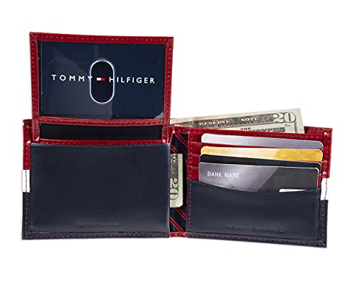 Tommy Hilfiger Men's Leather Wallet - Rfid Blocking Slim Thin Bifold With Removable Card Holder And Gift Box, Red/Navy #TOP3